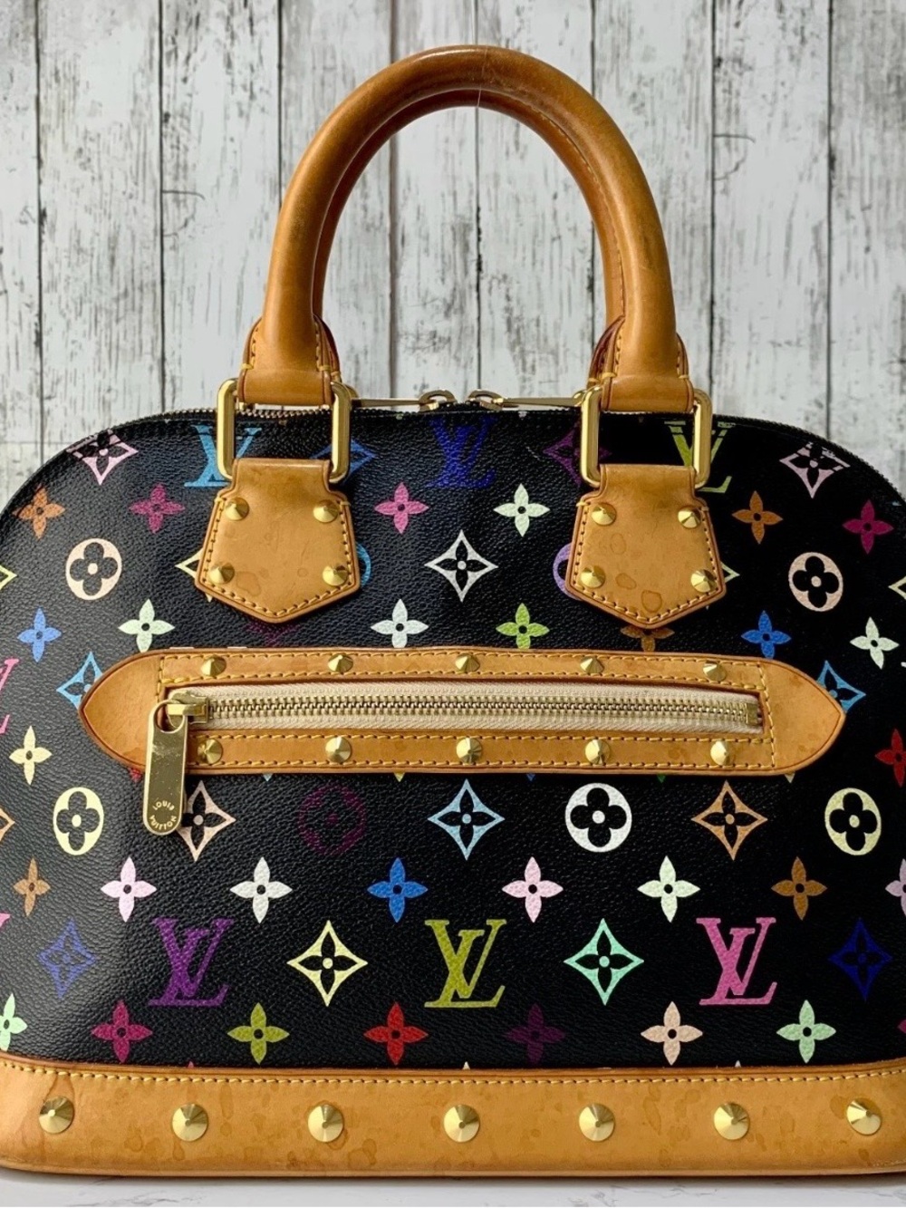Louis Vuitton Black Multicolor Monogram Satchel with Tan Trim